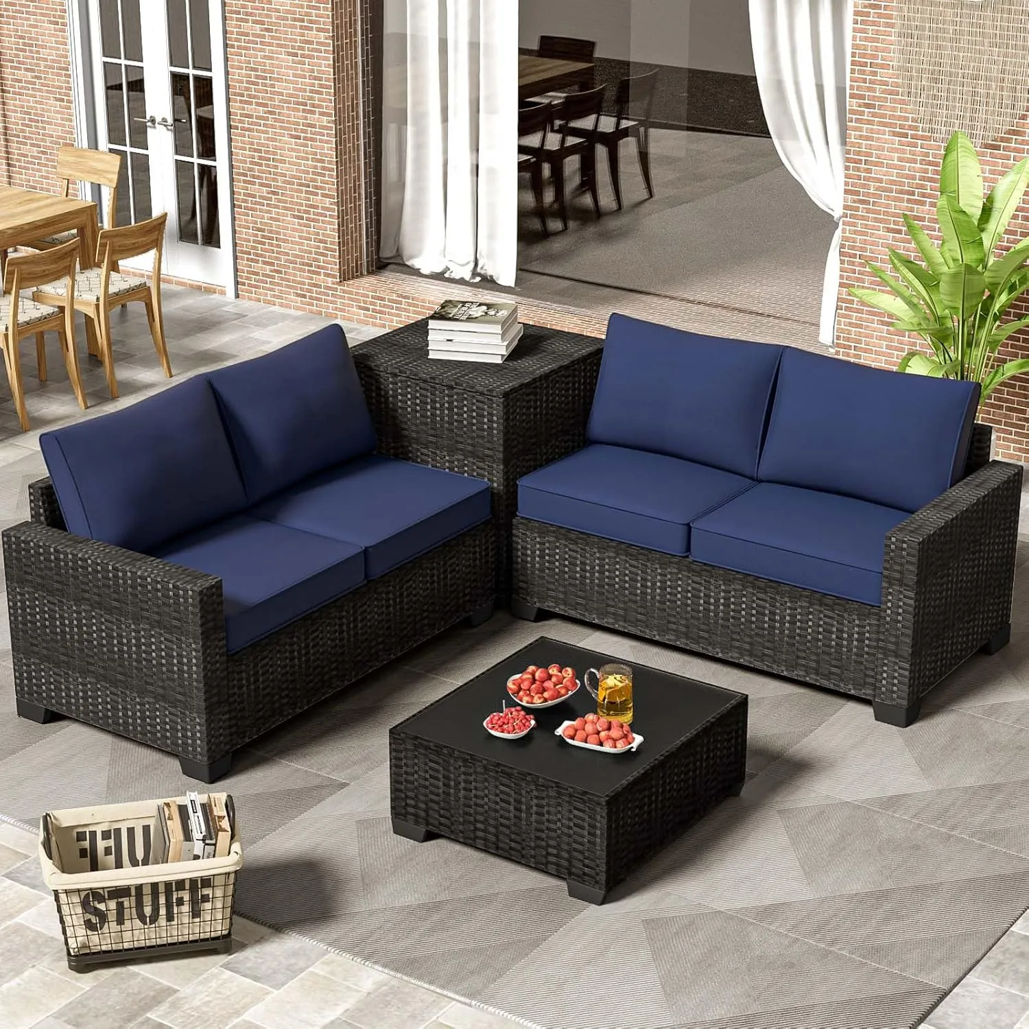 Premium Outdoor Patio Furniture Set with Storage & Glass Table, Patio Conversation Sets with Thick Cushions, 4 Piece Rattan Couch for Garden, Deck, or Balcony