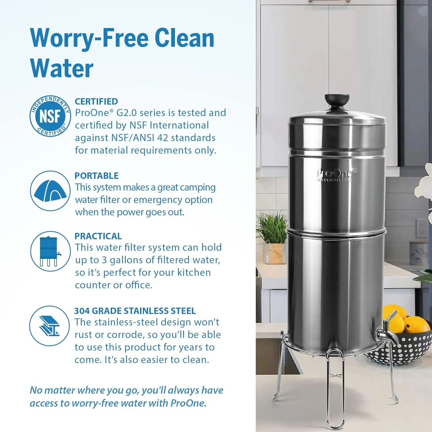 ProOne Big  Gravity Water Filter System - High Capacity 3-Gallon Polished Stainless Steel NSF Certified Water Filter Dispenser & 2 Filters