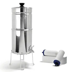 ProOne Traveler  Stainless-Steel Gravity Water-Filter System, 2.25-Gallon Water Capacity, Countertop Water Dispenser for Home and Travel with Two 7-Inch Filter and Wire Stand