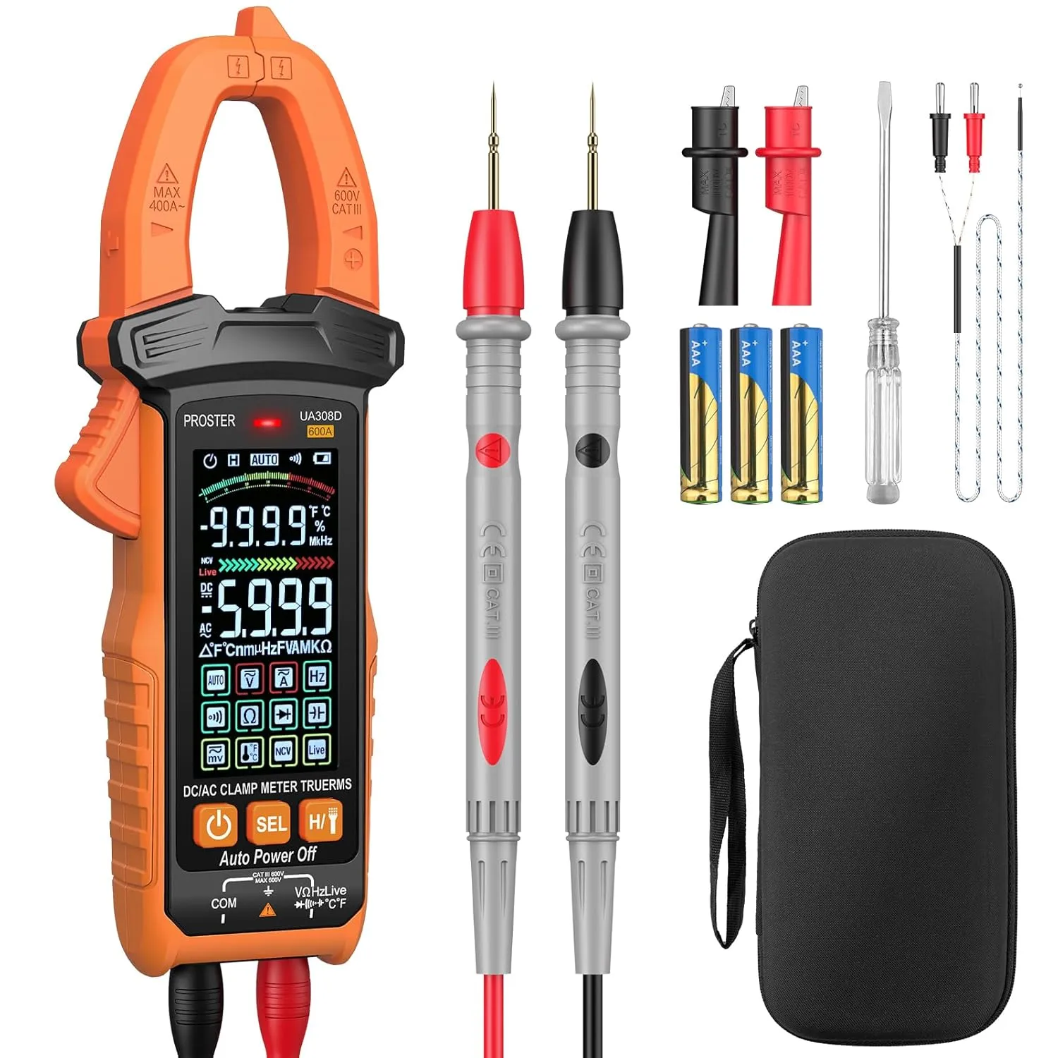 Proster Digital Clamp Meter - 600A DC AC Current 600V AC DC Voltage NCV Continuity Capacitance Resistance Frequency Diode Hz Test