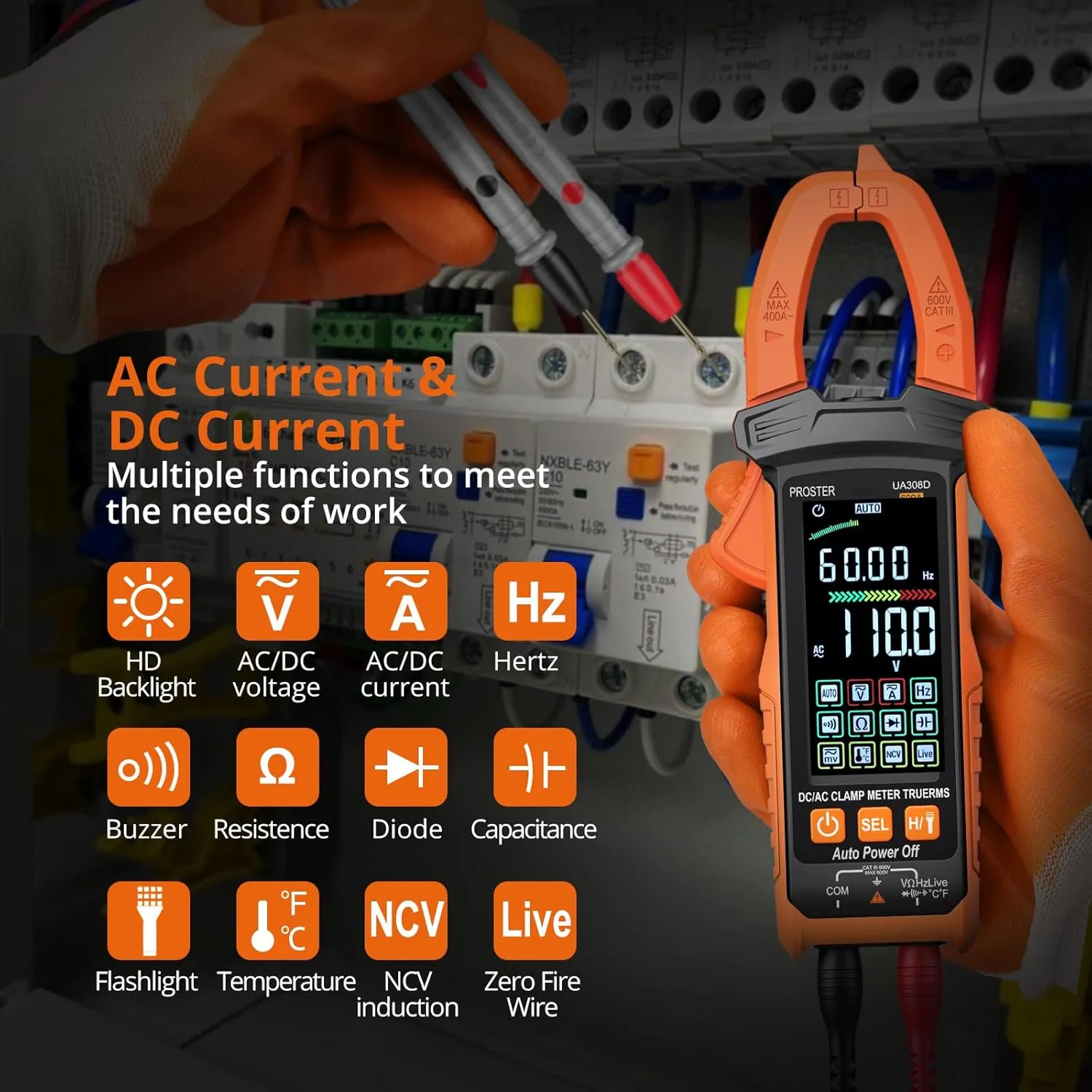 Proster Digital Clamp Meter - 600A DC AC Current 600V AC DC Voltage NCV Continuity Capacitance Resistance Frequency Diode Hz Test