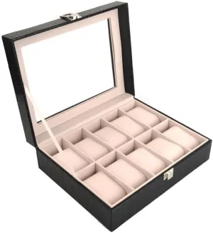 PU Leather 10-Digit Watch Box with Transparent Lid, Removable Padding, Foldable Storage Case for Watches, Jewelry, and Accessorie