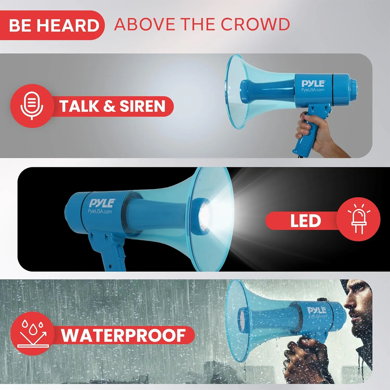 Pyle Compact and Portable Mega Phone Speaker - 40W Waterproof Bullhorn with Alarm Siren, Adjustable Volume, LED Flashlight, and AA Battery Power - Indoor/Outdoor Use for Cheering at Football Games