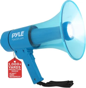 Pyle Compact and Portable Mega Phone Speaker - 40W Waterproof Bullhorn with Alarm Siren, Adjustable Volume, LED Flashlight, and AA Battery Power - Indoor/Outdoor Use for Cheering at Football Games