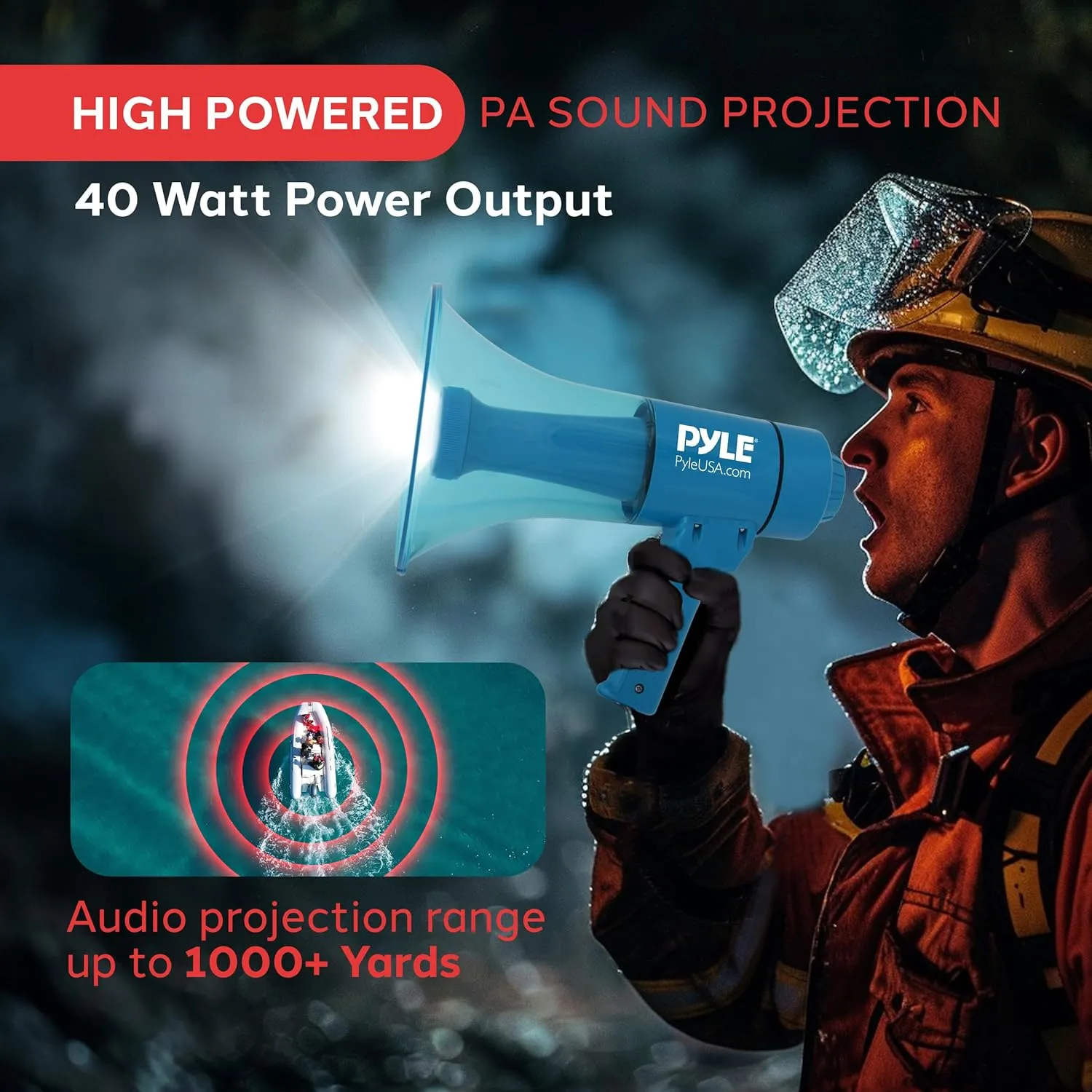 Pyle Compact and Portable Mega Phone Speaker - 40W Waterproof Bullhorn with Alarm Siren, Adjustable Volume, LED Flashlight, and AA Battery Power - Indoor/Outdoor Use for Cheering at Football Games