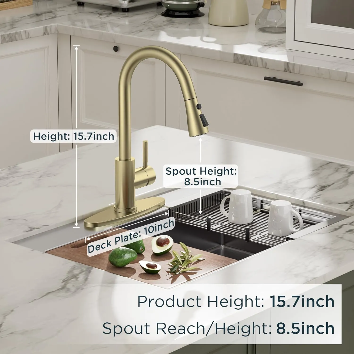 QFN Gold Kitchen Faucet with Pull Down Sprayer, High Arc Single Handle Single Level Stainless Steel Pull Out Sink Faucet for Farmouse Camper RV Bar, Fit for 1 or 3 Hole