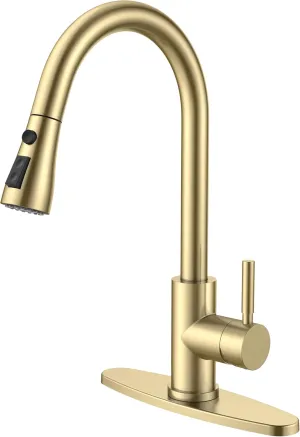 QFN Gold Kitchen Faucet with Pull Down Sprayer, High Arc Single Handle Single Level Stainless Steel Pull Out Sink Faucet for Farmouse Camper RV Bar, Fit for 1 or 3 Hole