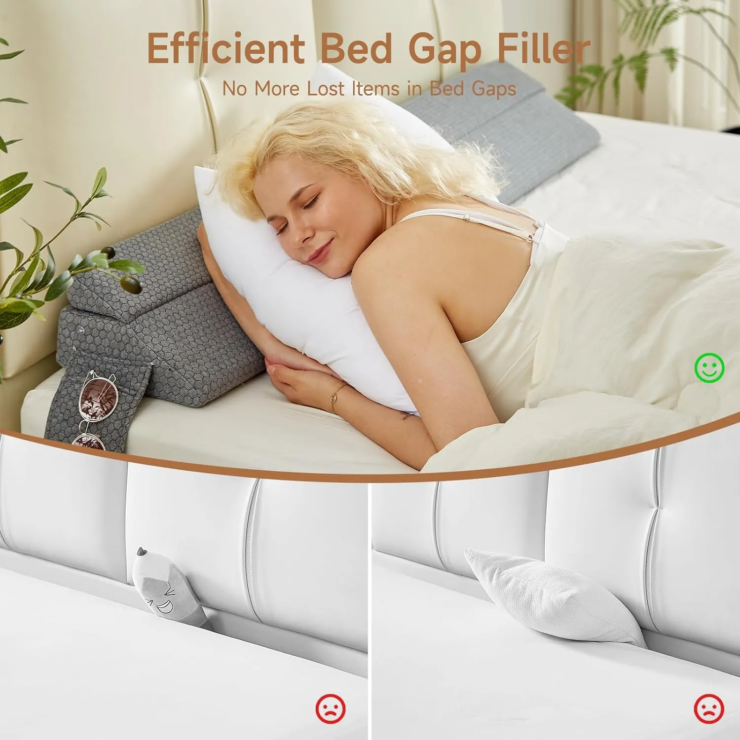 Queen Size Bed Wedge Pillow for Headboard – Foldable Mattress Gap Filler (0-8"), Adjustable Triangle Bolster, Stops Pillows from Slipping, with Detachable Pockets, Gray (60"x10"x6")