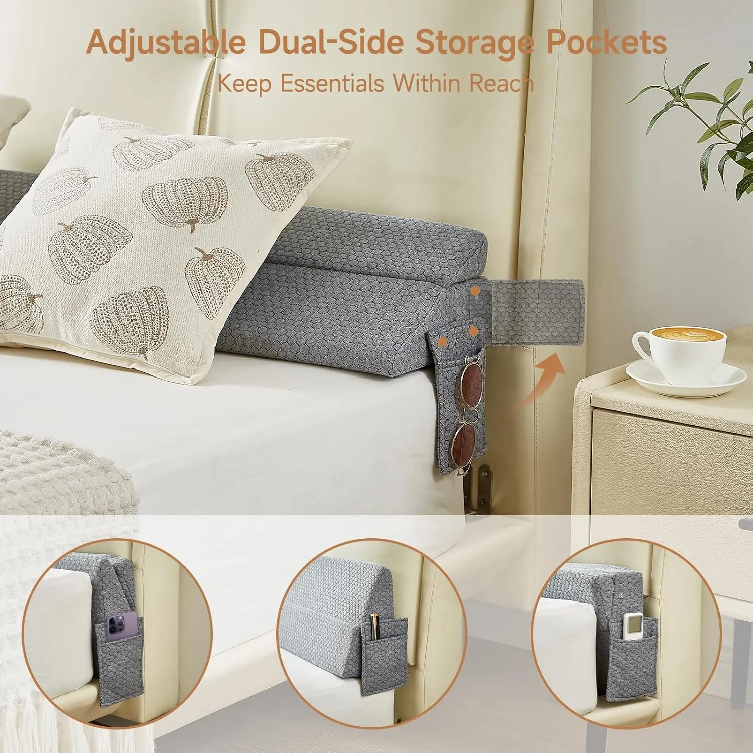 Queen Size Bed Wedge Pillow for Headboard – Foldable Mattress Gap Filler (0-8"), Adjustable Triangle Bolster, Stops Pillows from Slipping, with Detachable Pockets, Gray (60"x10"x6")