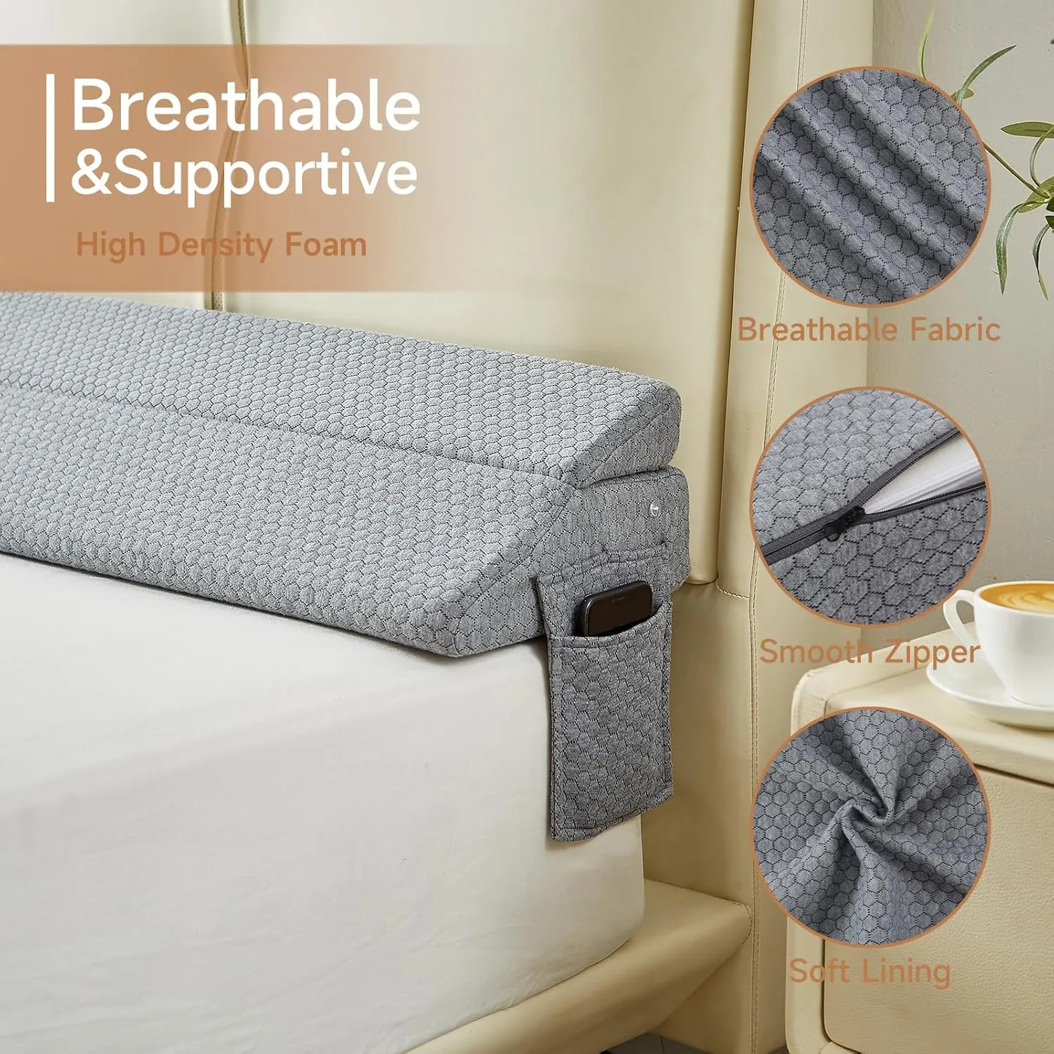Queen Size Bed Wedge Pillow for Headboard – Foldable Mattress Gap Filler (0-8"), Adjustable Triangle Bolster, Stops Pillows from Slipping, with Detachable Pockets, Gray (60"x10"x6")