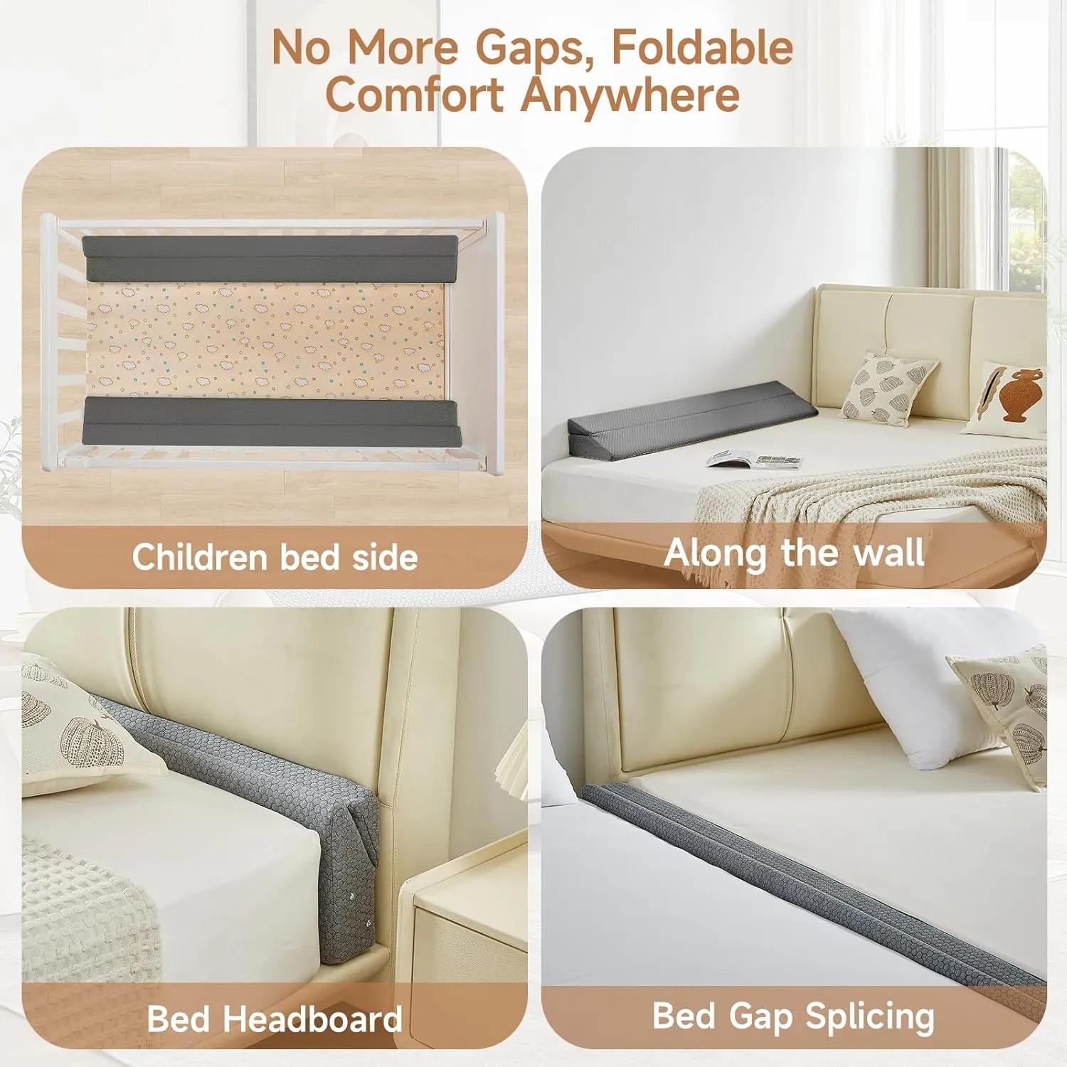 Queen Size Bed Wedge Pillow for Headboard – Foldable Mattress Gap Filler (0-8"), Adjustable Triangle Bolster, Stops Pillows from Slipping, with Detachable Pockets, Gray (60"x10"x6")