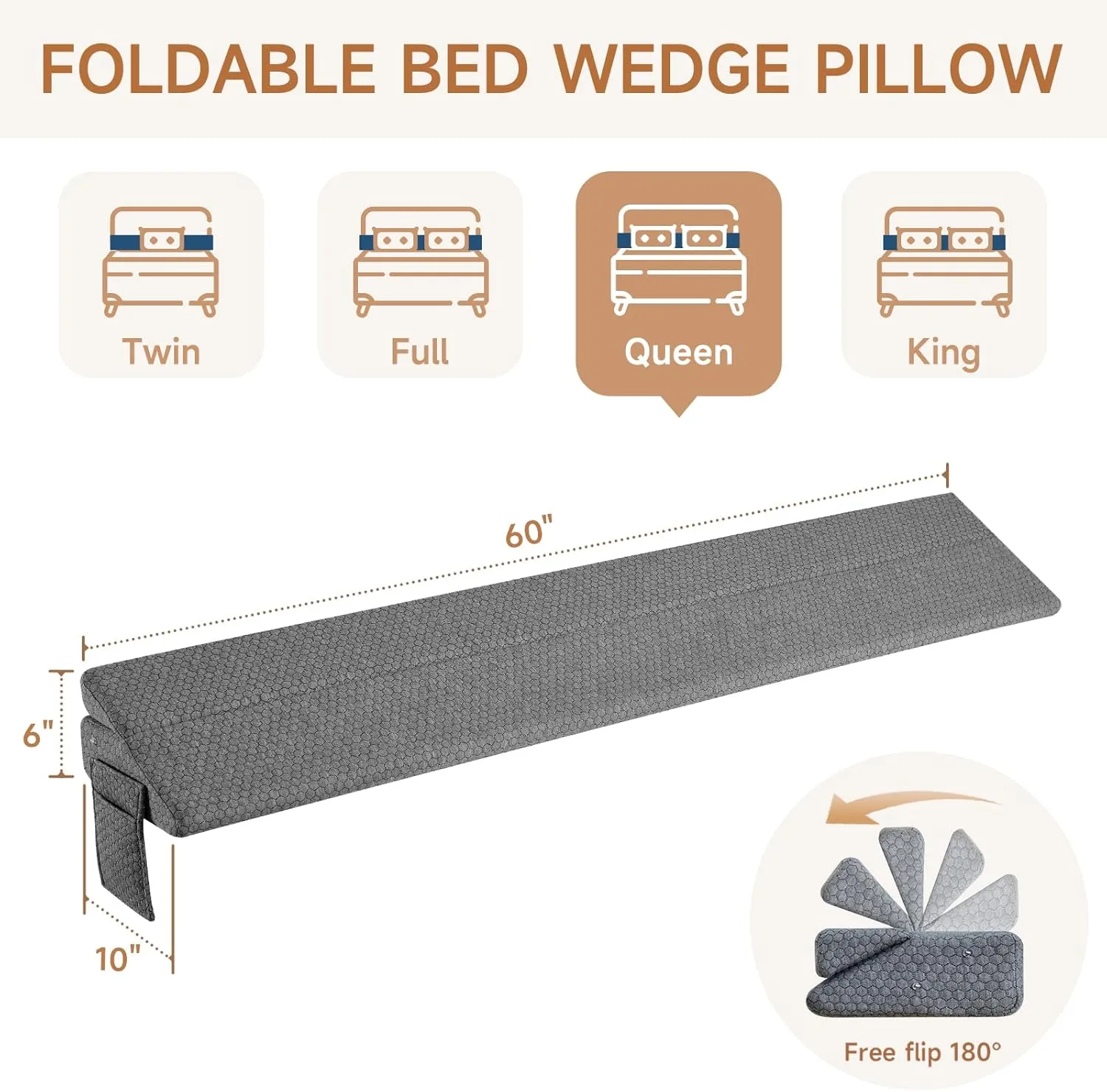 Queen Size Bed Wedge Pillow for Headboard – Foldable Mattress Gap Filler (0-8"), Adjustable Triangle Bolster, Stops Pillows from Slipping, with Detachable Pockets, Gray (60"x10"x6")