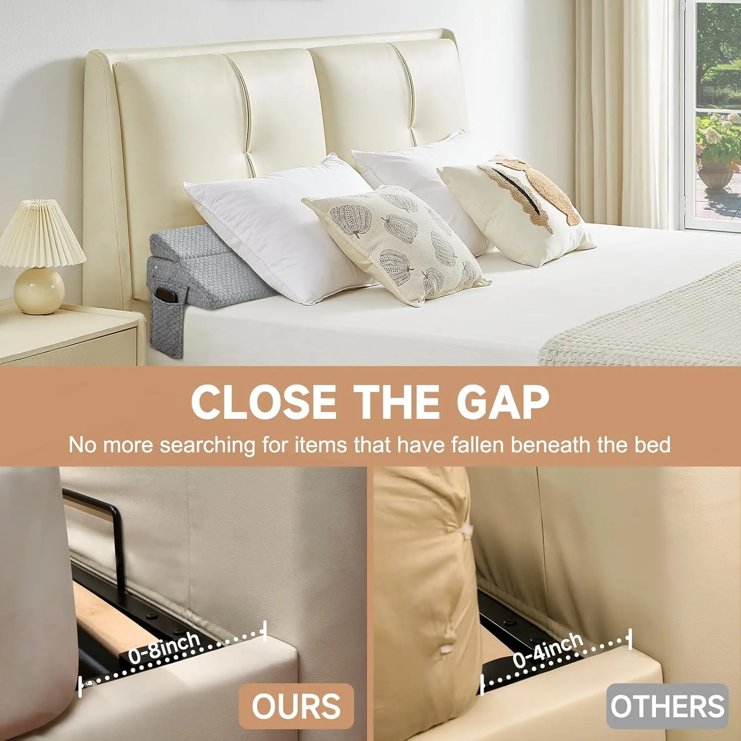 Queen Size Bed Wedge Pillow for Headboard – Foldable Mattress Gap Filler (0-8"), Adjustable Triangle Bolster, Stops Pillows from Slipping, with Detachable Pockets, Gray (60"x10"x6")