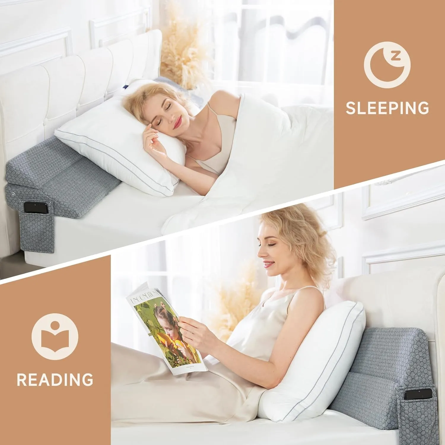 Queen Size Bed Wedge Pillow for Headboard – Foldable Mattress Gap Filler (0-8"), Adjustable Triangle Bolster, Stops Pillows from Slipping, with Detachable Pockets, Gray (60"x10"x6")