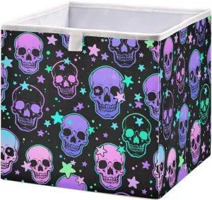 QUGRL Bright Human Skulls Stars Cube Storage Bins Organizer Magic Halloween Clothes Toy Storage Basket Box for Shelves Closet Cabinet Office Dorm Bedroom 11x11 in