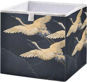 QUGRL Fantasy Crane Bird Storage Bins Cube Magical Nightly Dark Blue Clothes Storage Basket Foldable Storage Box Organizer for Shelves Closet Cabinet Office Dorm Bedroom 11x11 in