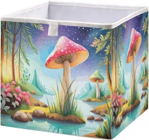 QUGRL Magic Mashroom Watercolor Cube Storage Bins Organizer Art Clothes Toy Storage Basket Box for Shelves Closet Cabinet Office Dorm Bedroom 11x11 in