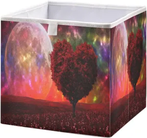 QUGRL Romantic Heart Tree Storage Bins Cube Magic Moon Valentines Clothes Storage Basket Foldable Storage Box Organizer for Shelves Closet Cabinet Office Dorm Bedroom 11x11 in