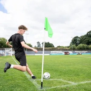 QUICKPLAY Foldable Corner Flag & Poles - Set of 4 | Flag Colour Options Available - Red, Blue, Green, Yellow & Orange | Screw Connected Foldable Design | Base Options for Grass or Astro (Green, Detachable Spikes)