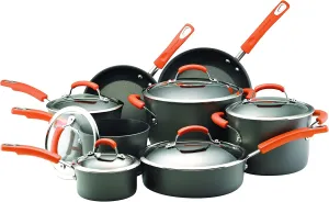 Rachael Ray Brights Hard-Anodized Nonstick Cookware Set with Glass Lids, 14-Piece Pot and Pan Set, Gray with Orange Handles