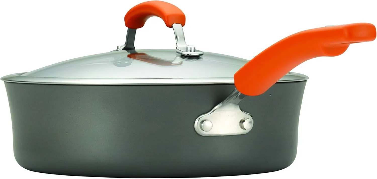 Rachael Ray Brights Hard-Anodized Nonstick Cookware Set with Glass Lids, 14-Piece Pot and Pan Set, Gray with Orange Handles