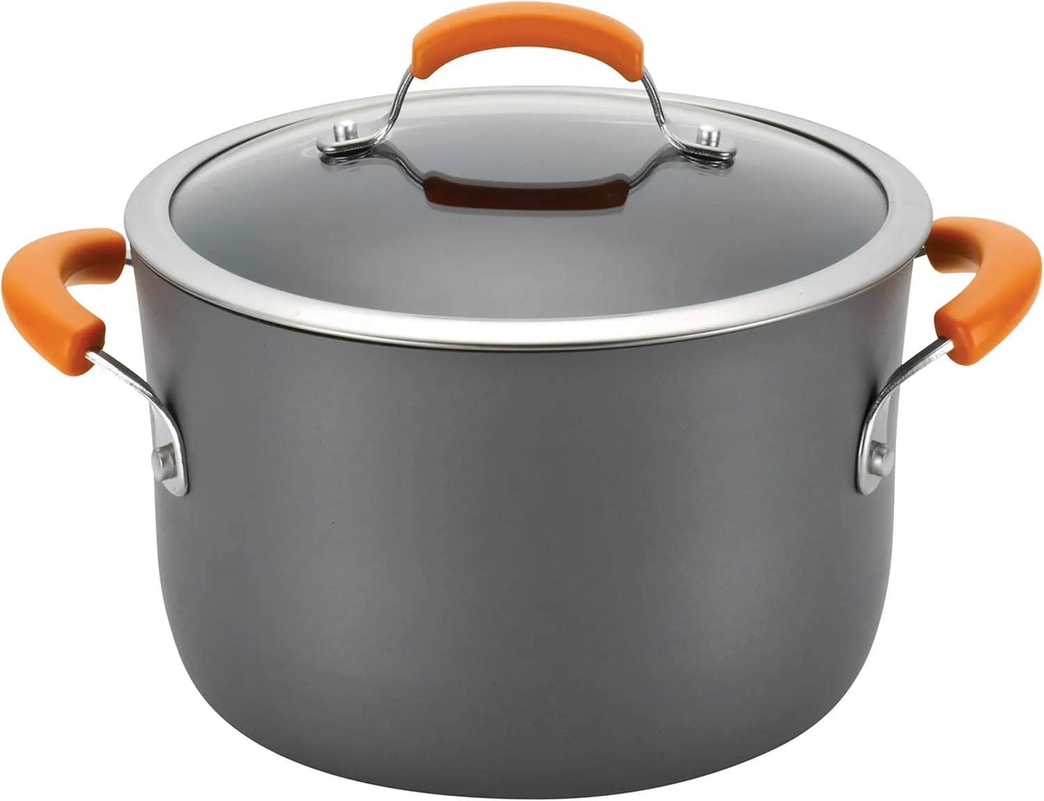 Rachael Ray Brights Hard-Anodized Nonstick Cookware Set with Glass Lids, 14-Piece Pot and Pan Set, Gray with Orange Handles
