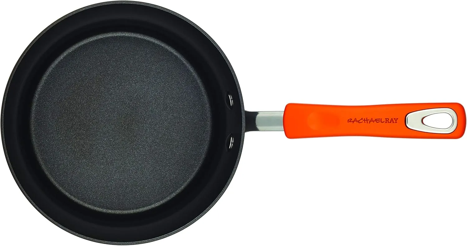 Rachael Ray Brights Hard-Anodized Nonstick Cookware Set with Glass Lids, 14-Piece Pot and Pan Set, Gray with Orange Handles