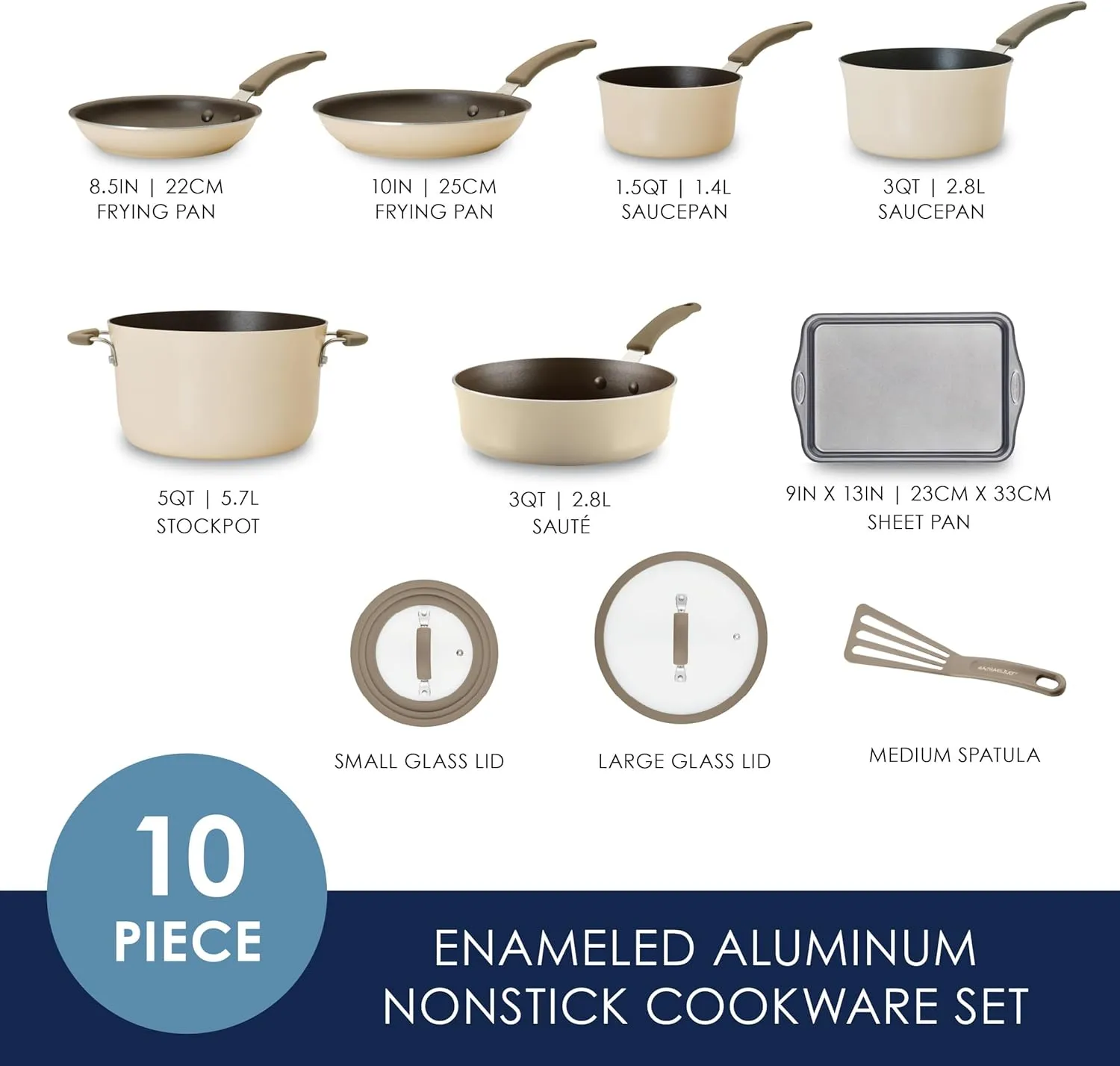 Rachael Ray Cook   Create Nonstick Cookware Pots and Pans Set, Includes Baking Sheet Pan and Cooking Utensil, 10 Piece - Almond