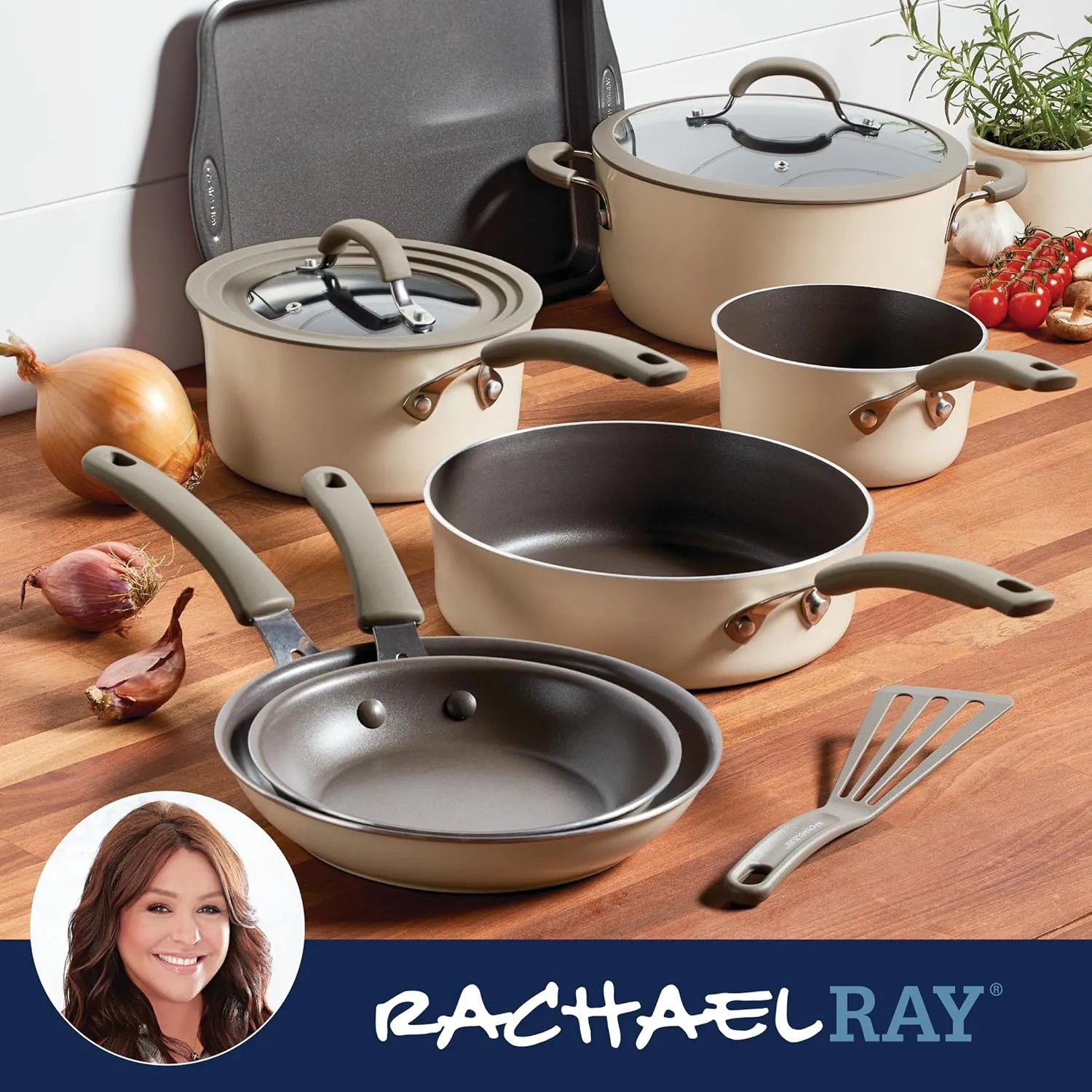 Rachael Ray Cook   Create Nonstick Cookware Pots and Pans Set, Includes Baking Sheet Pan and Cooking Utensil, 10 Piece - Almond