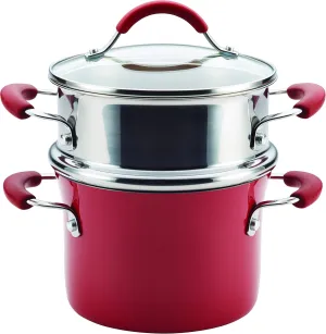 Rachael Ray Cucina Nonstick Sauce Pot/Saucepot with Steamer Insert and Lid, 3 Quart, Cranberry Red