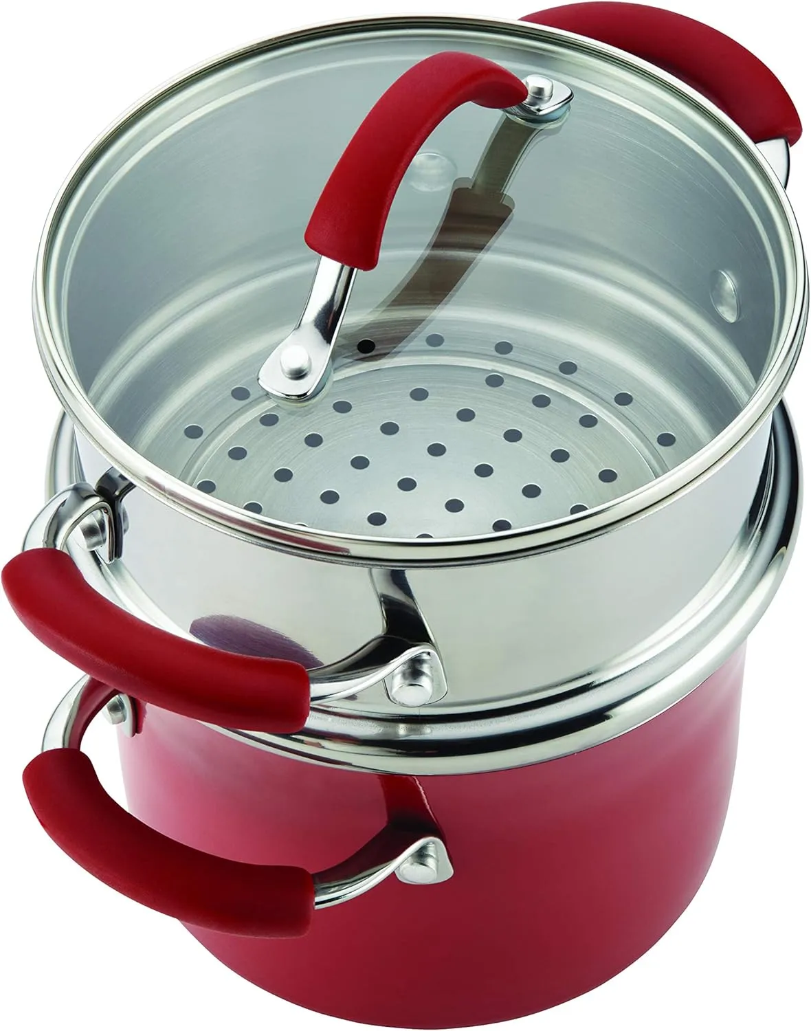 Rachael Ray Cucina Nonstick Sauce Pot/Saucepot with Steamer Insert and Lid, 3 Quart, Cranberry Red