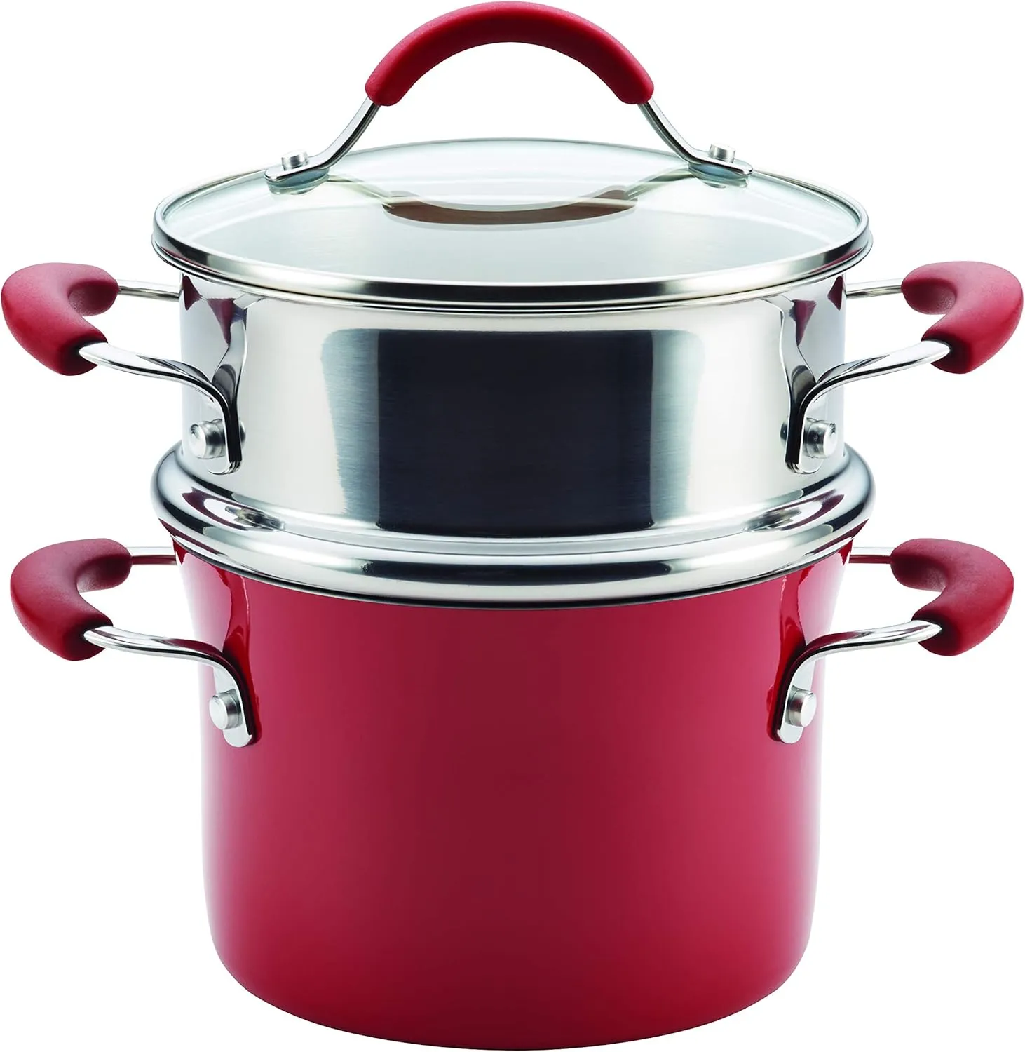 Rachael Ray Cucina Nonstick Sauce Pot/Saucepot with Steamer Insert and Lid, 3 Quart, Cranberry Red