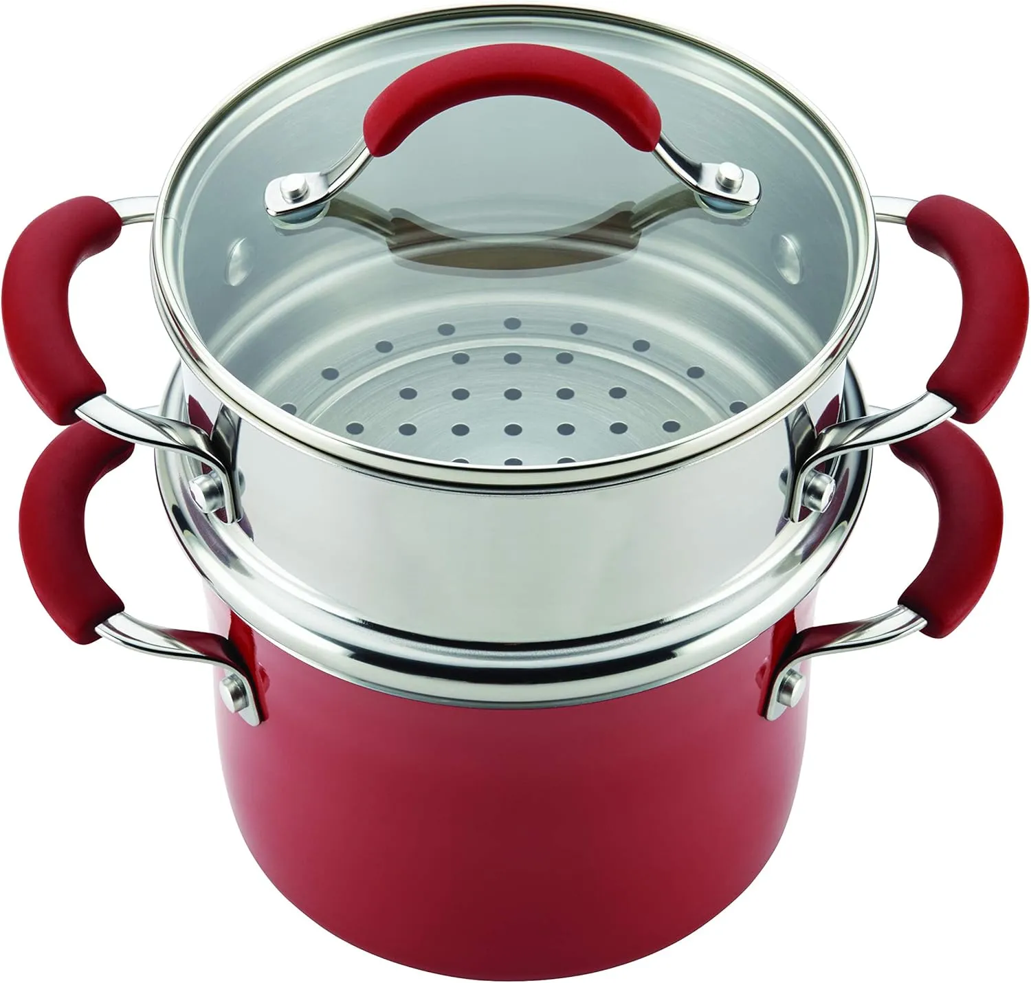 Rachael Ray Cucina Nonstick Sauce Pot/Saucepot with Steamer Insert and Lid, 3 Quart, Cranberry Red