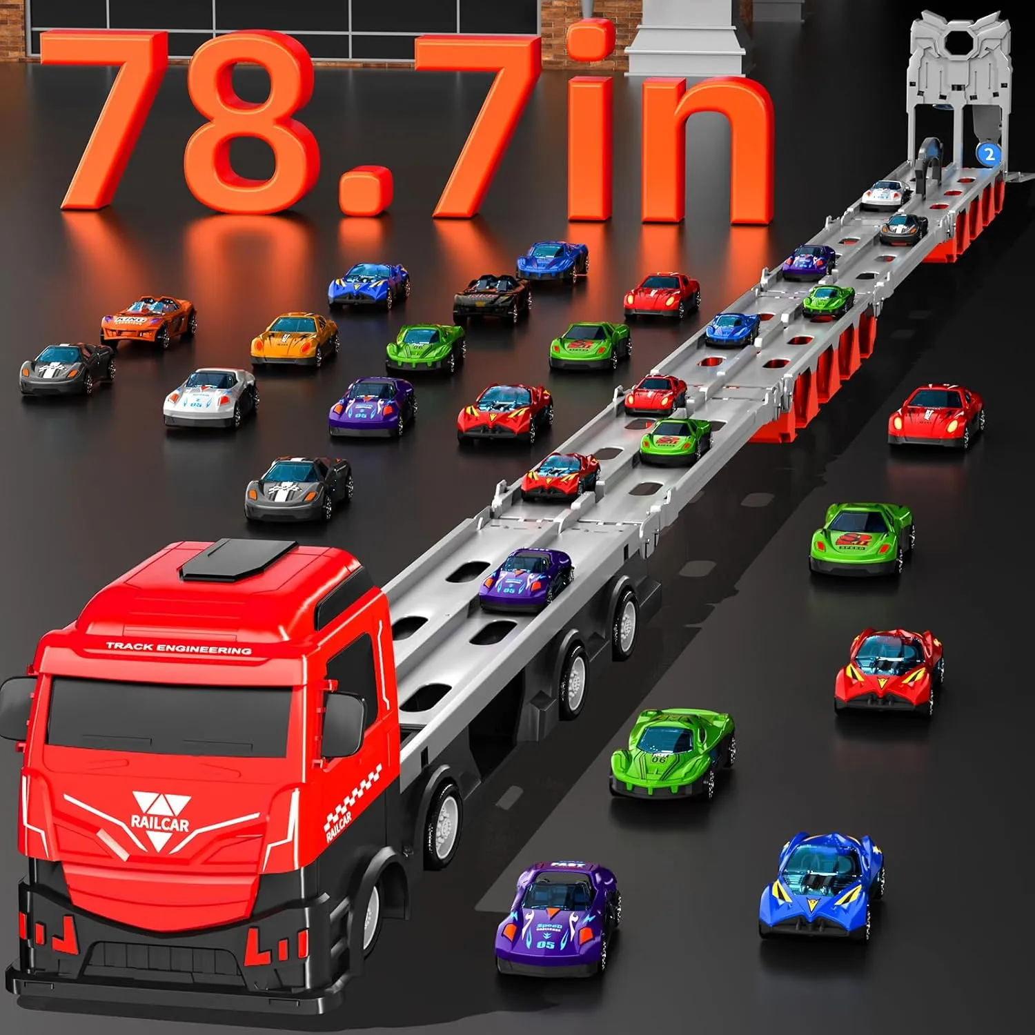 Racing Car Railway Truck Toy for Boys 2 3 4 5 6 7 Years Old - 78.7-inch Transport Carrier Trucks, Foldable Tracks Storage, die-cast Car, for Toddlers and Kids Aged 3-5