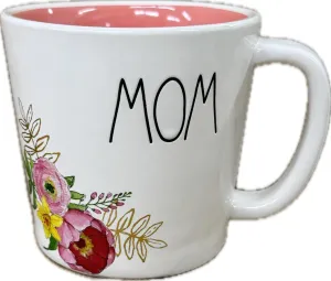 Rae Dunn Artisan Collection Mom Ceramic Coffee Mug, Floral Design with Pink Interior