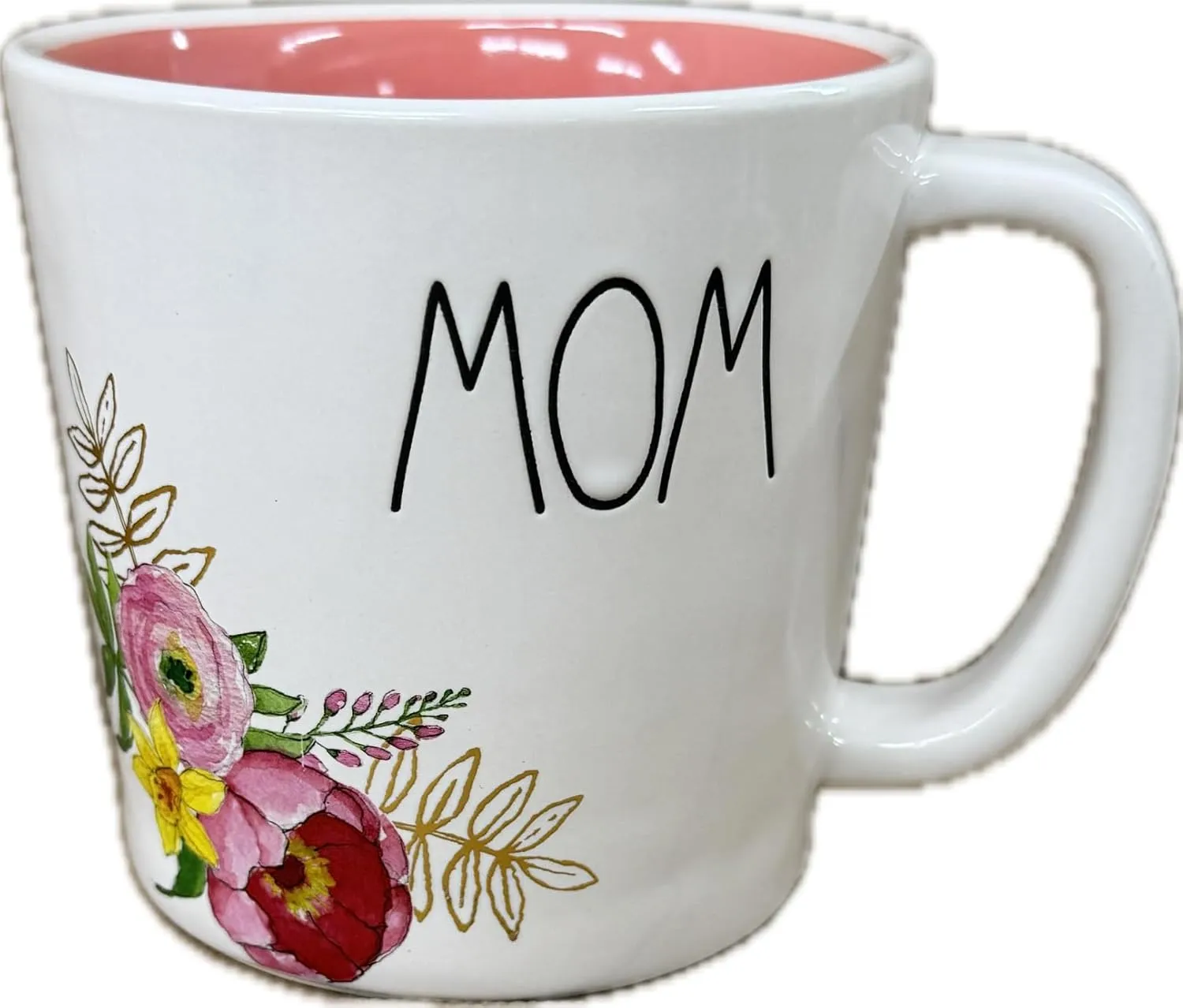 Rae Dunn Artisan Collection Mom Ceramic Coffee Mug, Floral Design with Pink Interior