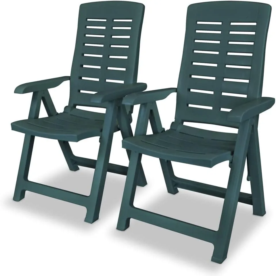 Reclining Patio Chairs 2 pcs Green Plastic Outdoor Folding Chairs for Garden Lounge Beach Patio Furniture with 4 Reclining Positions, Lightweight, Foldable, Easy to Clean