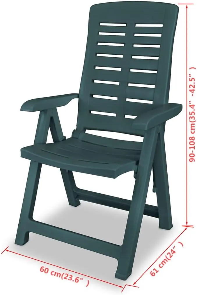 Reclining Patio Chairs 2 pcs Green Plastic Outdoor Folding Chairs for Garden Lounge Beach Patio Furniture with 4 Reclining Positions, Lightweight, Foldable, Easy to Clean