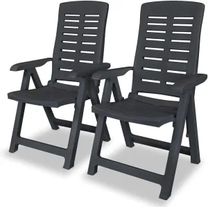 Reclining Patio Chairs 2 pcs Plastic Anthracite Outdoor Lounge Chairs with 4 Reclining Positions Foldable for Garden and Patio Relaxation