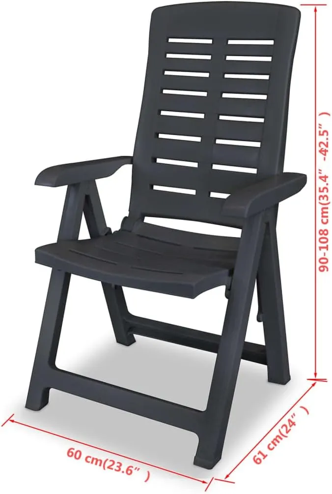 Reclining Patio Chairs 2 pcs Plastic Anthracite Outdoor Lounge Chairs with 4 Reclining Positions Foldable for Garden and Patio Relaxation