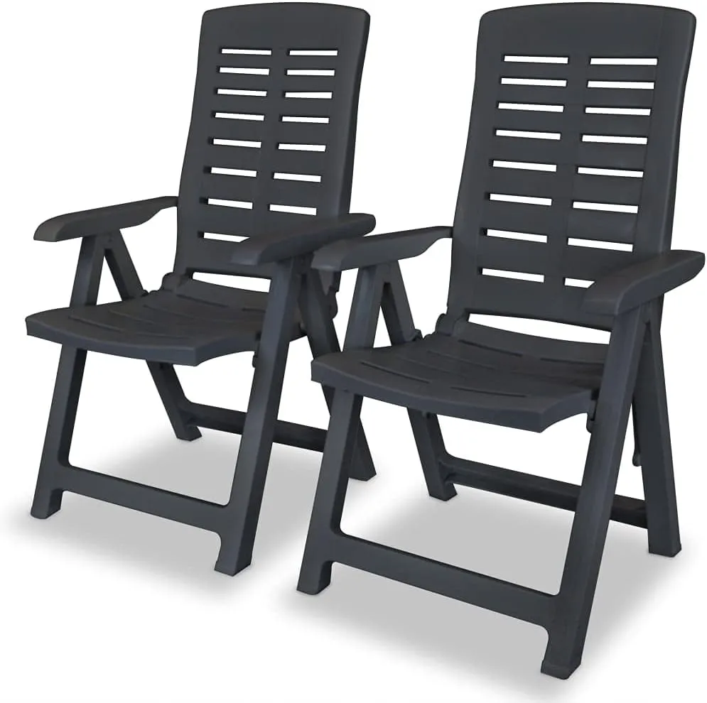 Reclining Patio Chairs 2 pcs Plastic Anthracite Outdoor Lounge Chairs with 4 Reclining Positions Foldable for Garden and Patio Relaxation