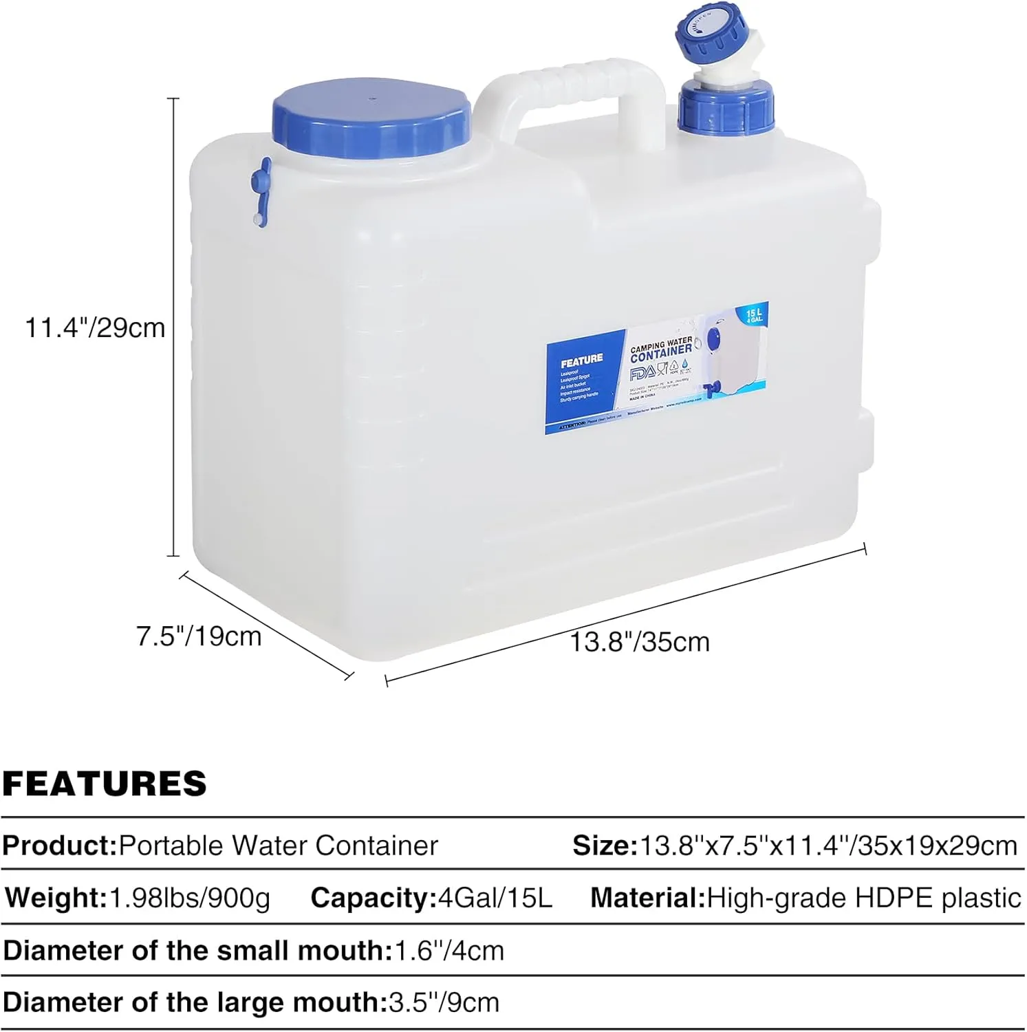 REDCAMP 4 Gallon/15L Portable Water Container with Spigot,Camping Water Jug,Camping Water Container, Large Water Tank,Portable Emergency Water Storage for Camping,Car,Hiking,Hurricane Supplies