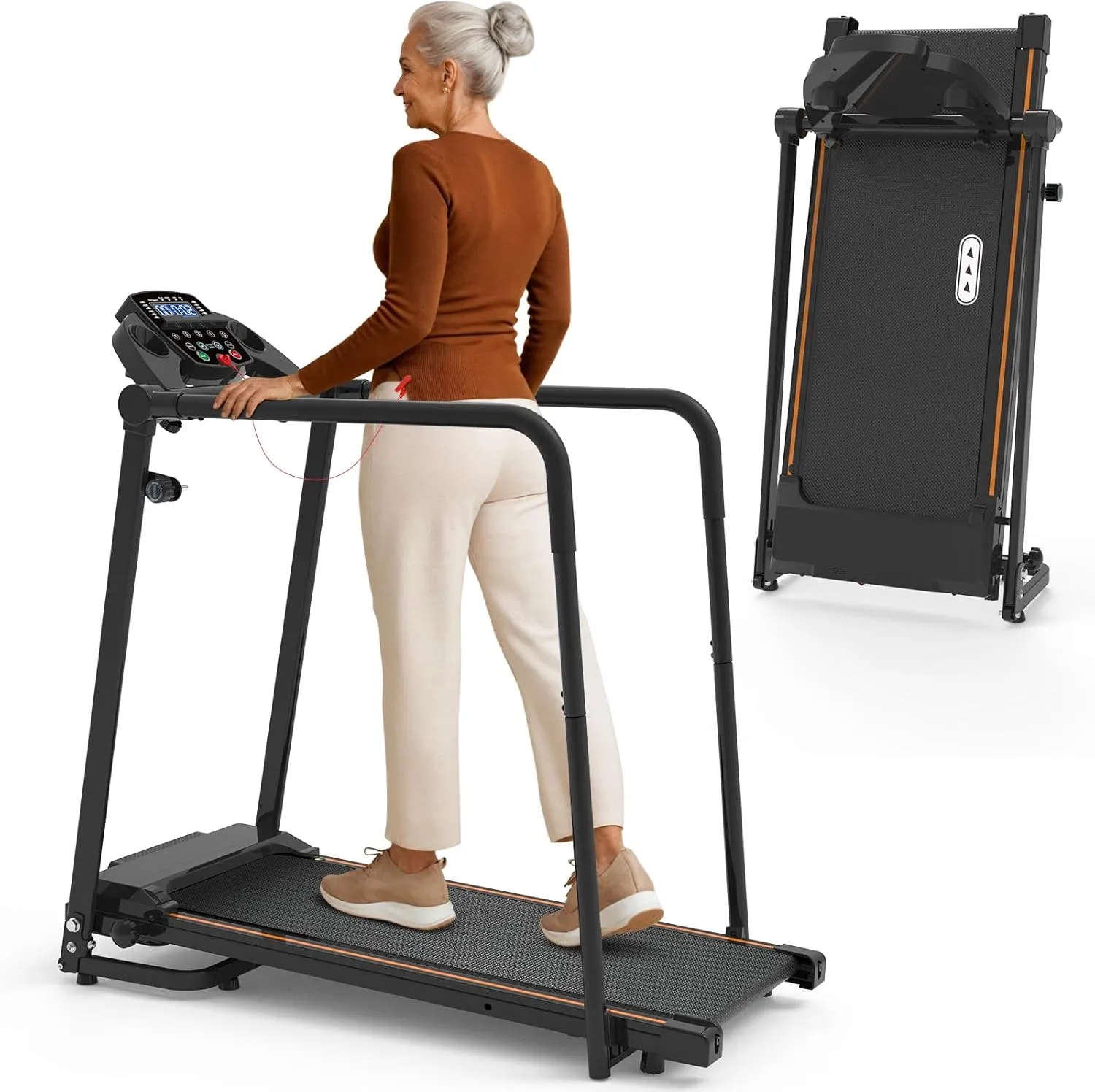 Redliro Walking Treadmill with Long Handrails - Treadmill for Seniors 300 lbs Capacity - Foldable, Lightweight with Wheels, Cup & Phone Holder - Recovery Machine for Home | Apartment