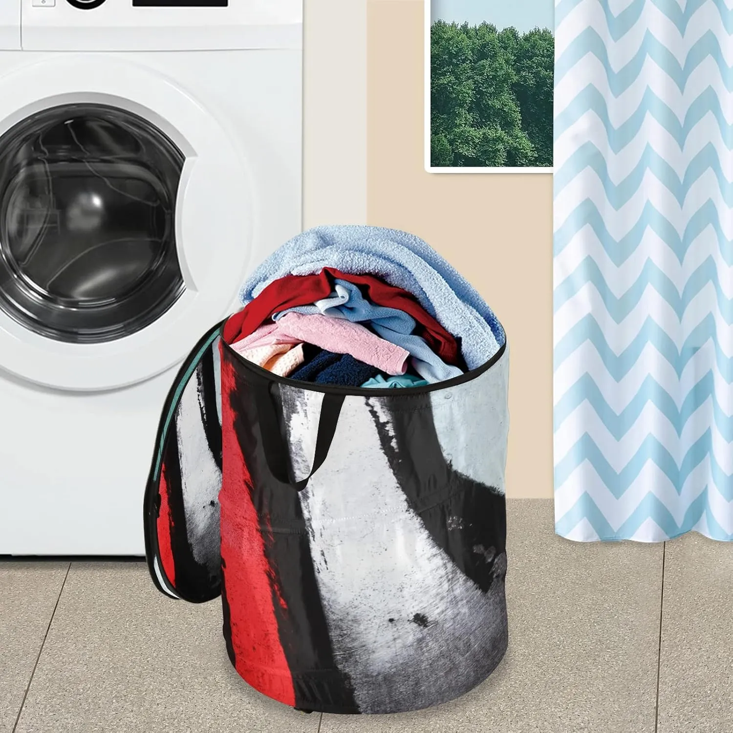 Retro Abstract Paint Red Black White Green Pattern Pop Up Laundry Hamper, Collapsible Dirty Clothes Basket with Zipper Lid, Storage Bag Washing Bin for Room College Dorm Travel