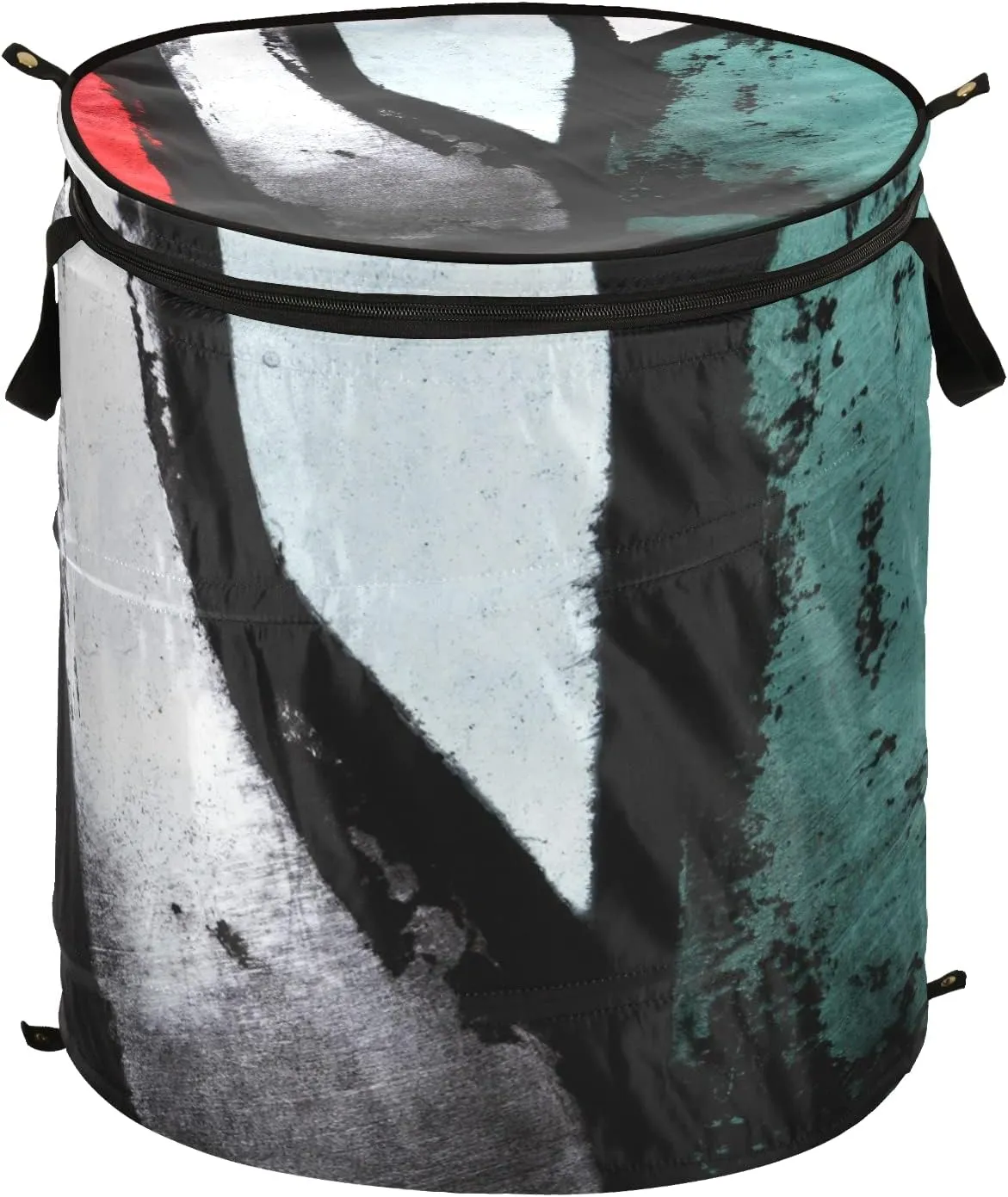Retro Abstract Paint Red Black White Green Pattern Pop Up Laundry Hamper, Collapsible Dirty Clothes Basket with Zipper Lid, Storage Bag Washing Bin for Room College Dorm Travel