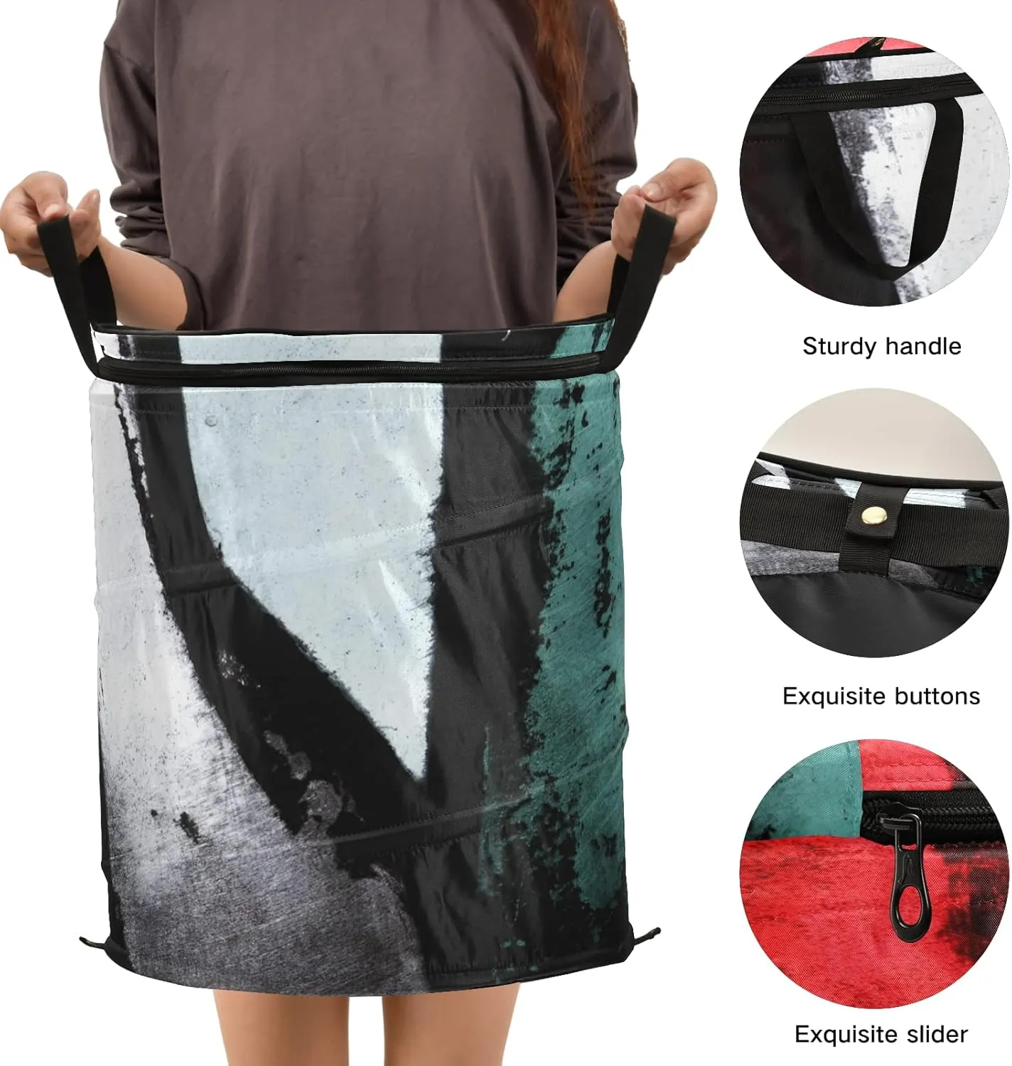 Retro Abstract Paint Red Black White Green Pattern Pop Up Laundry Hamper, Collapsible Dirty Clothes Basket with Zipper Lid, Storage Bag Washing Bin for Room College Dorm Travel