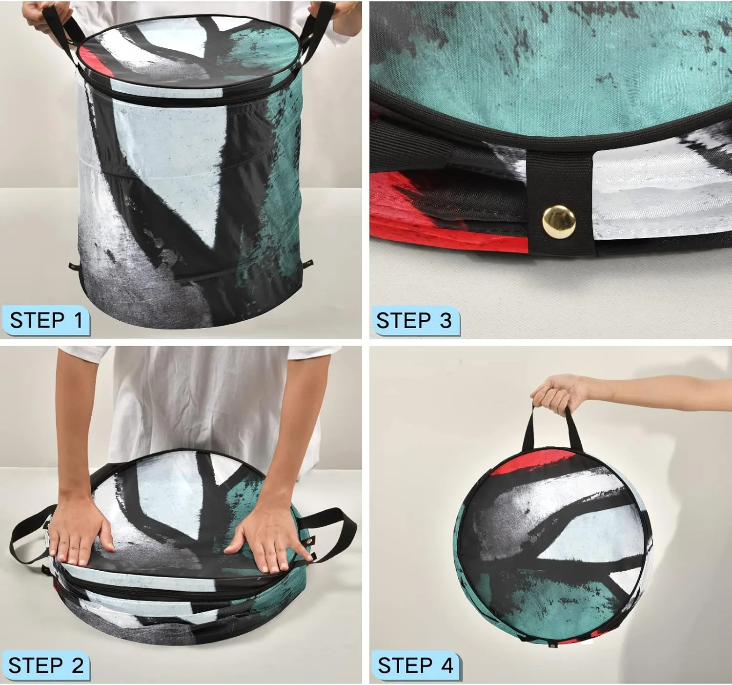 Retro Abstract Paint Red Black White Green Pattern Pop Up Laundry Hamper, Collapsible Dirty Clothes Basket with Zipper Lid, Storage Bag Washing Bin for Room College Dorm Travel