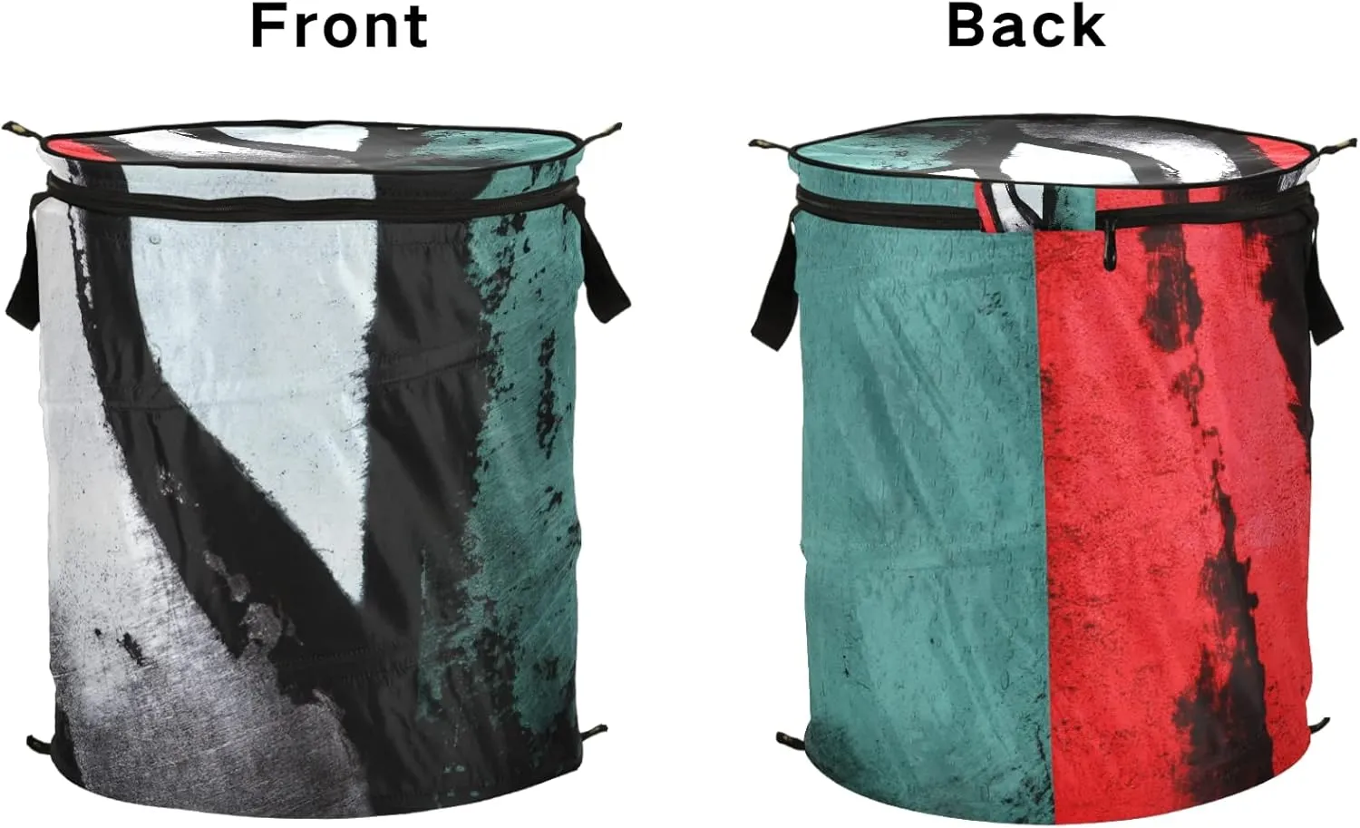 Retro Abstract Paint Red Black White Green Pattern Pop Up Laundry Hamper, Collapsible Dirty Clothes Basket with Zipper Lid, Storage Bag Washing Bin for Room College Dorm Travel