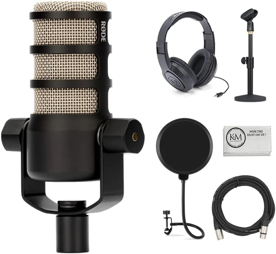 Rode PodMic Dynamic Podcasting Microphone Bundle with Mic Table Stand   Headphones   Wind Screen Pop Filter   XLR Cable   Cleaning Cloth (6 Items)