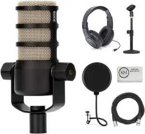 Rode PodMic Dynamic Podcasting Microphone Bundle with Mic Table Stand   Headphones   Wind Screen Pop Filter   XLR Cable   Cleaning Cloth (6 Items)